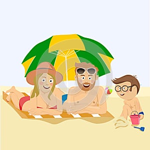 Happy family lying on the tropical beach under umbrella