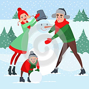 Happy Family Making Snowman. Winter Holidays. Christmas Time