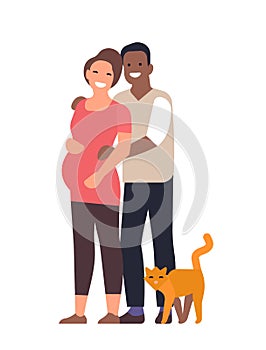 Happy family. Man and pregnant woman hugging, multiethnic couple smiling, cute wife and husband standing with cat