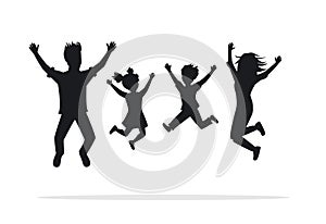 Happy family, man, woman, boy, girl jumping for joy