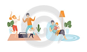 Happy Family with Man and Woman Parent with Kid Spending Good Time Together Dancing to Music and Reading Book Vector Set