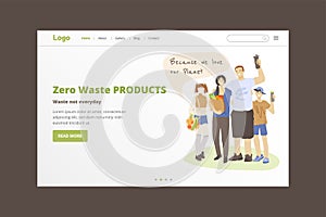 Happy family of man, woman and two kids holding zero waste products in hands - reusable mug, bags, ecology zero waste