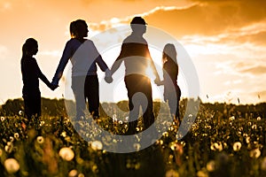 Happy family on meadow at sunset