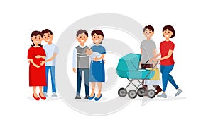Happy Family Members with Parents and Kids Spending Time Together Vector Illustration Set
