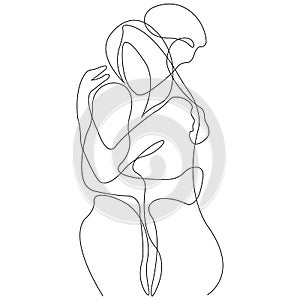 Happy family mom dad and baby girl standing hugging. Minimalism style. The design is suitable for paintings, decor, postcards