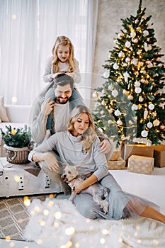 Happy family: mom, dad and pet. Family in a bright New Year& x27;s interior with a Christmas tree