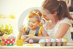 Happy family mother and child girl paints eggs for Easter