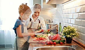 Happy family mother with child girl preparing vegetable salad