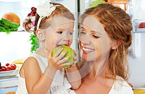 happy family mother and child with healthy food fruits and vegetables