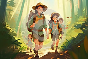 happy family mother and children with backpacks hiking in the forest