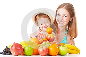 Happy family mother and daughter little girl, eat healthy vegetarian food, fruit isolated