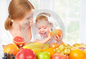 Happy family mother and daughter little girl, eat healthy vegetarian food, fruit