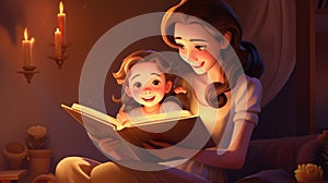 Happy family mother and daughter read a book in the evening at home