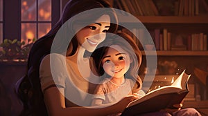 Happy family mother and daughter read a book in the evening at home