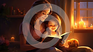 Happy family mother and daughter read a book in the evening at home