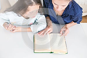 Happy family mother and daughter read a book in the evening at home. the concept of family comfort and family relations