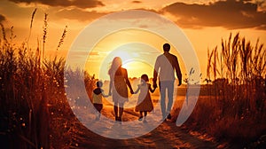 Happy family: mother, father, children son and daughter on nature on sunset