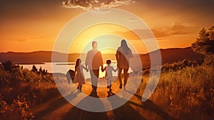 Happy family: mother, father, children son and daughter on nature on sunset