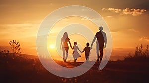 Happy family: mother, father, children son and daughter on nature on sunset