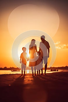 Happy family: mother, father, children son and daughter on sunset AI generated