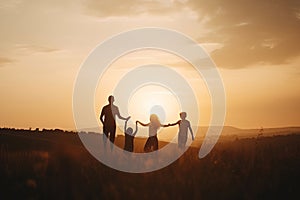 Happy family: mother, father, children son and daughter on sunset AI generated