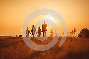 Happy family: mother, father, children son and daughter on sunset AI generated