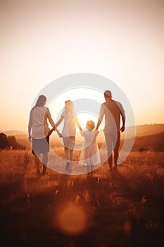 Happy family: mother, father, children son and daughter on sunset AI generated