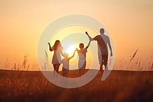 Happy family: mother, father, children son and daughter on sunset AI generated