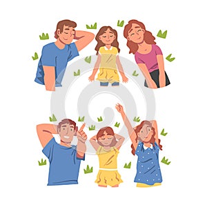 Happy Family with Mother, Father and Kid Lying on Grass and Looking Up Vector Set