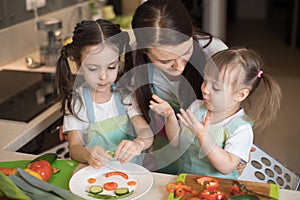 Happy family mother and her kids are preparing healthy food, they improvise together in the kitchen