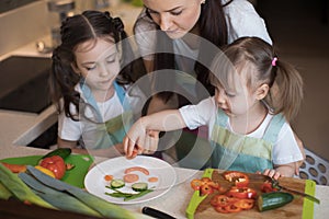 Happy family mother and kids are preparing healthy food, they improvise together in the kitchen