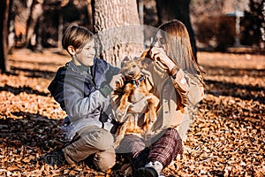Happy family mother and teen boy son having fun with cocker spaniel puppy in autumn park
