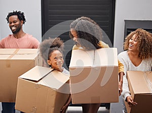 Happy, family and moving with boxes in new home for real estate, walking or together for future. Group, people and house