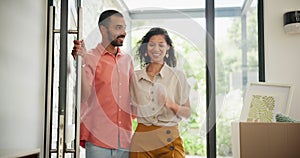 Happy family, moving and open door to new home, relocate and excited in real estate with love together. Man, woman and