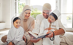 Happy family, Muslim parents or children reading book for learning, Islamic knowledge or studying in Allah or God