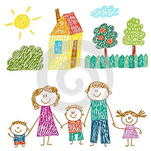 Happy family with house. Kids drawing. Kindergarten children illustration. Mother, father, sister, brother. Parents