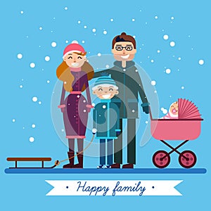 Happy Family with Newborn Baby on Winter Holiday