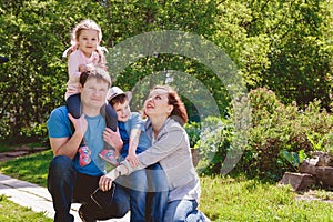 Happy Family Outdoors Mother Father Son Daughter