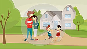 Happy family outside house flat poster