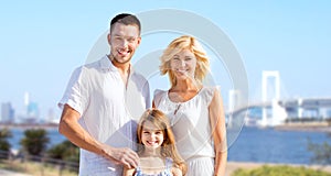 Happy family over rainbow bridge background