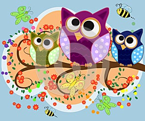 Happy family of owls on flowering tree branches. Daddies, mothers and children, grandparents