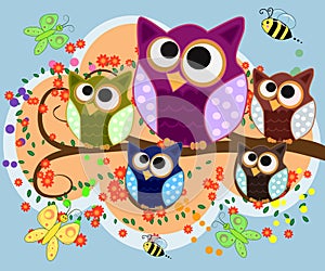 Happy family of owls on flowering tree branches. Daddies, mothers and children, grandparents