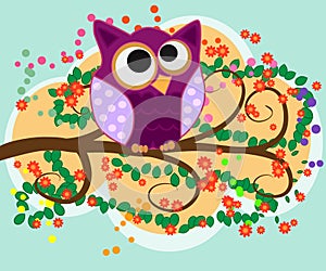 Happy family of owls on flowering tree branches. Daddies, mothers and children, grandparents