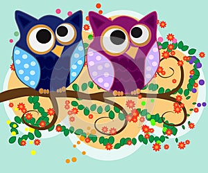 Happy family of owls on flowering tree branches. Daddies, mothers and children, grandparents