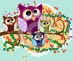 Happy family of owls on flowering tree branches. Daddies, mothers and children, grandparents