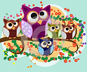 Happy family of owls on flowering tree branches. Daddies, mothers and children, grandparents