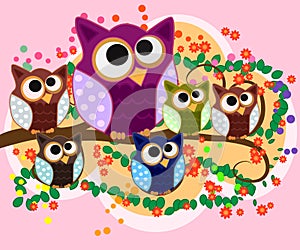 Happy family of owls on flowering tree branches. Daddies, mothers and children, grandparents