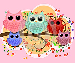 Happy family of owls on flowering tree branches. Daddies, mothers and children, grandparents