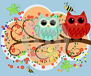 Happy family of owls on flowering tree branches. Daddies, mothers and children, grandparents