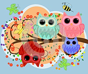 Happy family of owls on flowering tree branches. Daddies, mothers and children, grandparents